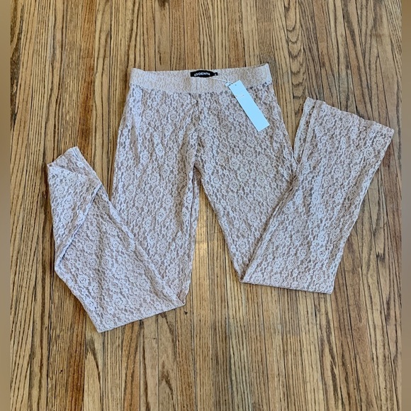 EB Denim Lace Sheer Low Rise Leggings Floral Flare NWT Beige Medium Pink Stretch - Picture 13 of 15